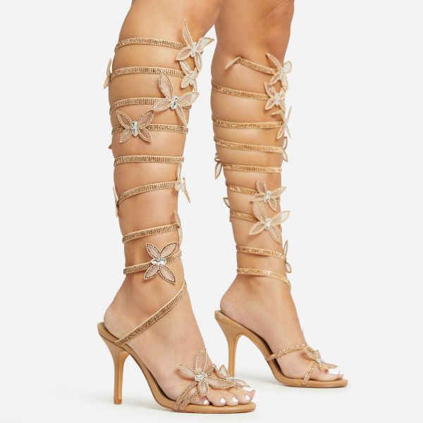 Dramatic-Fantasy Diamante Butterfly Detail Knee High Wrap Around Strap Stiletto Heel In Dark Nude Faux Leather, Women’s Size UK 6