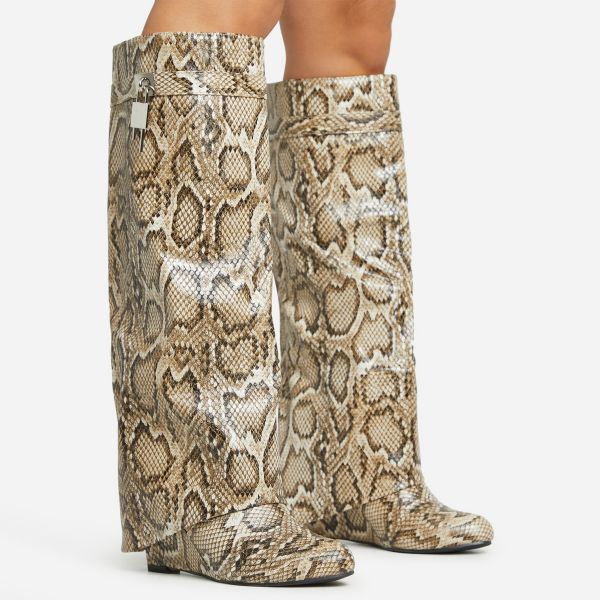 I-Am-The-One Padlock Detail Wedge Heel Knee High Long Boot In Snake Print Faux Leather, Women’s Size UK 3
