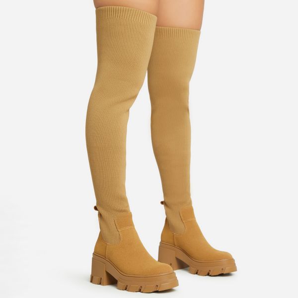 Brick-Lane Chunky Sole Over The Knee Thigh High Boot In Chestnut Brown Faux Suede, Women’s Size UK 6