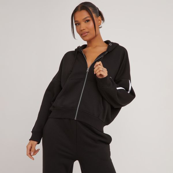 Oversized Zip Up Contrast Stripe Detail Hoodie In Black, Women’s Size UK 12