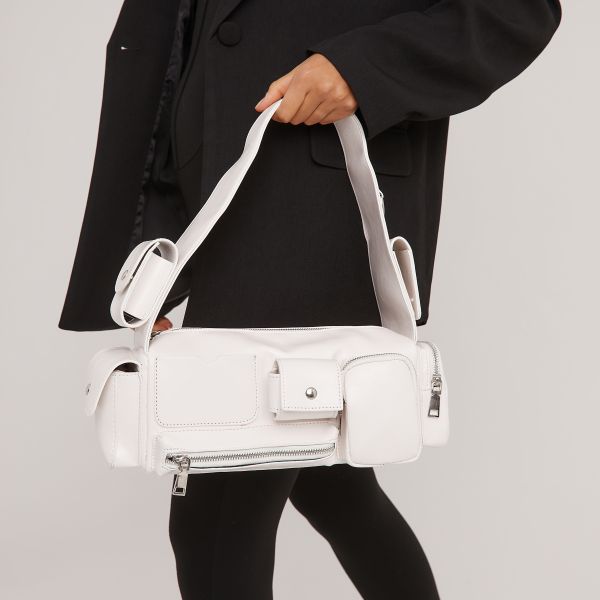 Rosa Multi Pocket Detail Shaped Shoulder Bag In White Faux Leather, Women’s Size UK One Size
