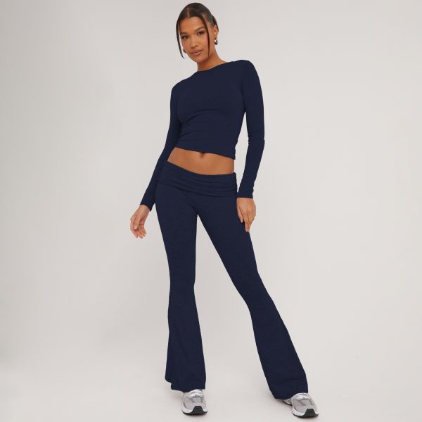 Fold Over Waistband Detail Flared Trousers In Navy Blue, Women’s Size UK 12