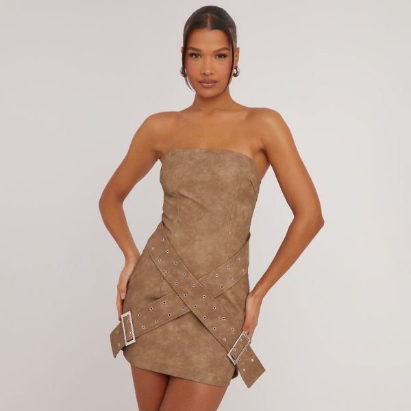 Bandeau Multi Buckle Detail Mini Dress In Brown Acid Wash Faux Leather, Women’s Size UK Small S