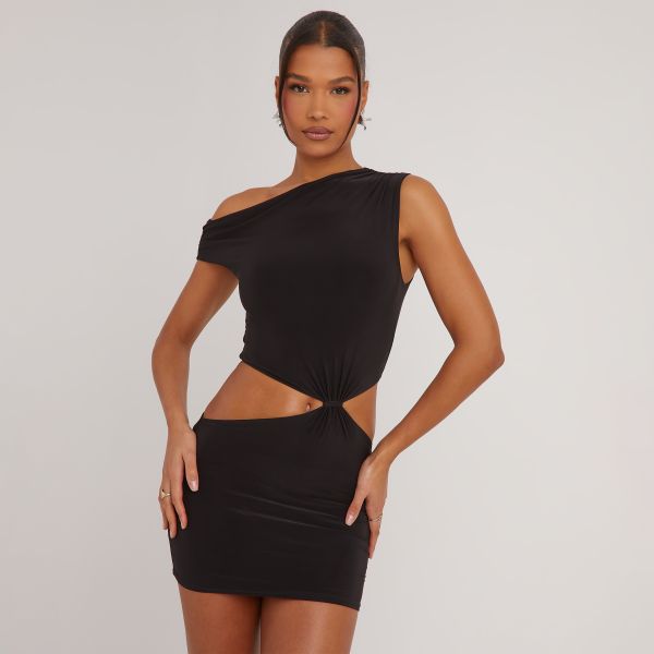Asymmetric Shoulder Knot Detail Cut Out Mini Bodycon Dress In Black, Women’s Size UK 14