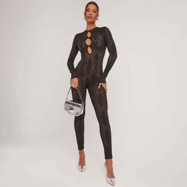 Long Sleeve Cut Out Detail Seamless Jumpsuit In Black Sheer Mesh, Women’s Size UK Large L