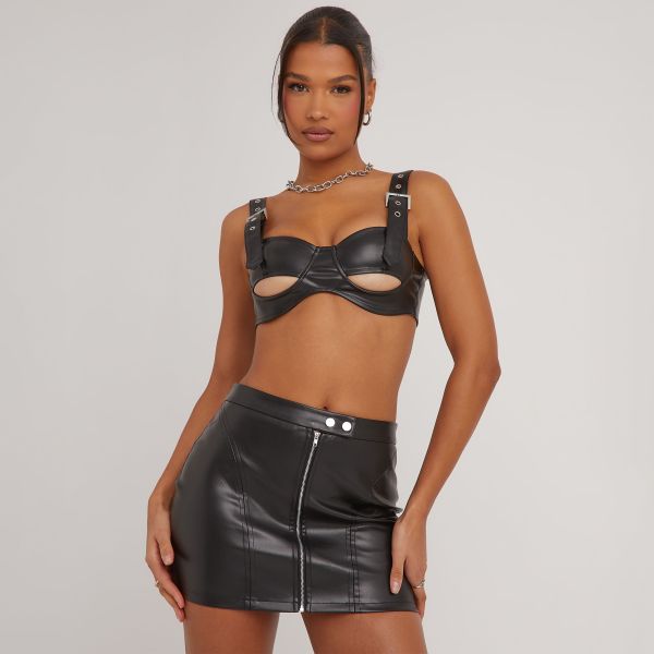 Buckle Strap Detail Cupped Crop Top In Black Faux Leather, Women’s Size UK 10