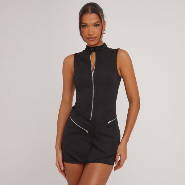 High Neck Zip Front Cross Pocket Detail Cargo Mini Dress In Black Woven, Women’s Size UK 8