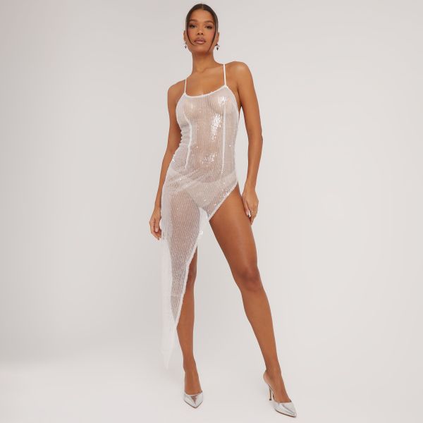 Strappy Open Back Detail Asymmetric Maxi Dress In Silver Sheer Sequin, Women’s Size UK 8