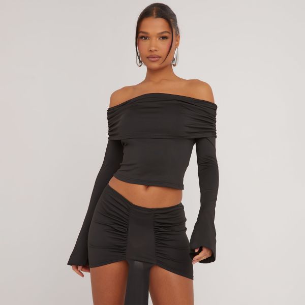 Bardot Flared Sleeve Fold Over Detail Crop Top And Drape Detail Mini Skirt Co-Ord Set In Black, Women’s Size UK Medium M