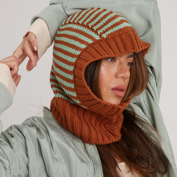 Balaclava In Tan Brown And Green Striped Knit, Women’s Size UK One Size