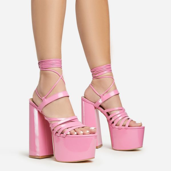 Amazoness Lace Up Extreme Strappy Detail Platform Block Heel In Pink Patent, Women’s Size UK 6