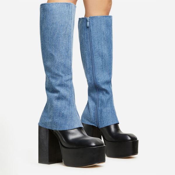 Yodel Blue Denim Layered Detail Square Toe Platform Block Heel Knee High Long Boot In Black Faux Leather, Women’s Size UK 8