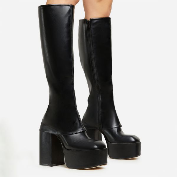 Yodel Layered Detail Square Toe Platform Block Heel Knee High Long Boot In Black Faux Leather, Women’s Size UK 6
