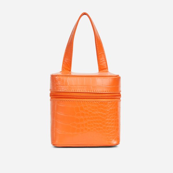 wolf top handle vanity box bag in orange croc print faux leather, one size