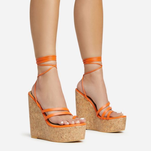 Meg Lace Up Strappy Cork Platform Wedge Heel In Orange Faux Leather, Women’s Size UK 5