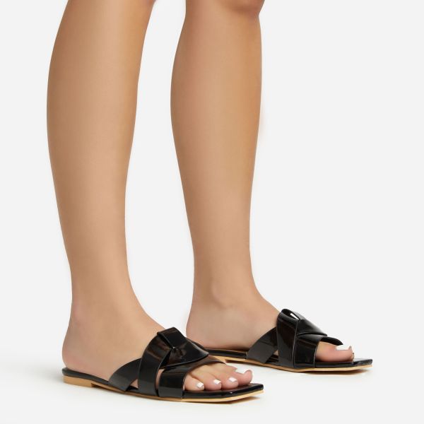 Meego Woven Strap Detail Flat Slider Sandal In Black Patent, Women’s Size UK 3