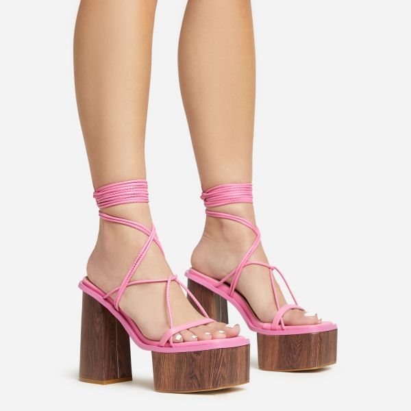 Free-Soul Lace Up Strappy Square Toe Wood Effect Platform Block Heel In Pink Faux Leather, Women's Size UK 3