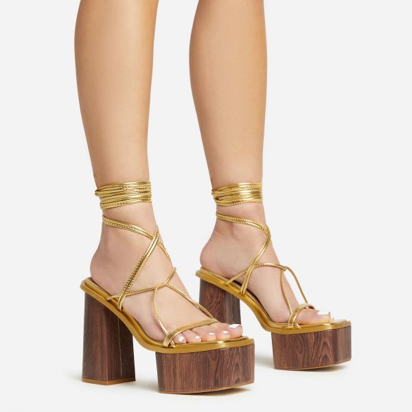 Free-Soul Lace Up Strappy Square Toe Wood Effect Platform Block Heel In Gold Faux Leather, Women’s Size UK 5