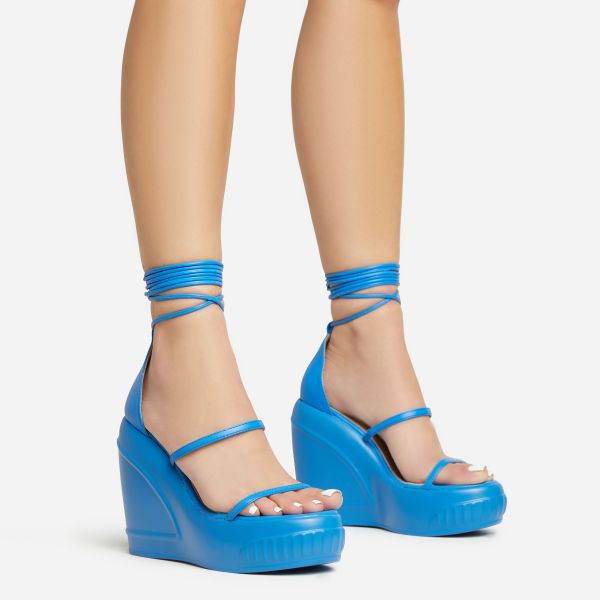 Beach-Side Lace Up Strappy Platform Wedge Heel In Blue Faux Leather And Rubber, Women’s Size UK 5