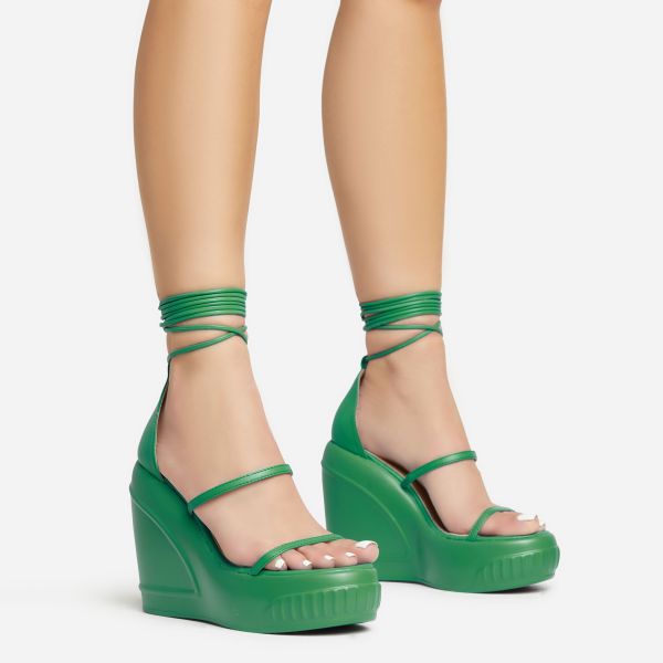 Beach-Side Lace Up Strappy Platform Wedge Heel In Green Faux Leather And Rubber, Women’s Size UK 5