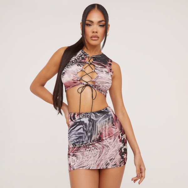 Lace Up Front Detail Crop Top In Animal Print, Women’s Size UK 6