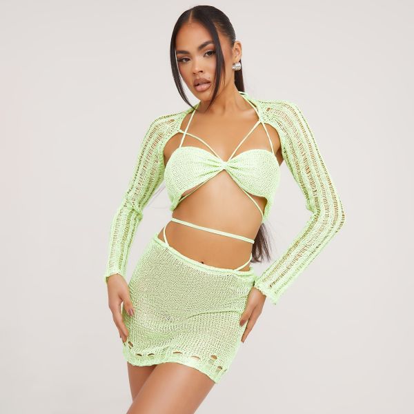 Halterneck Sequin Strappy Detail Bralet With Sleeves And Mini Bodycon Skirt Co-Ord Set In Lime Knit, Women’s Size UK Medium M