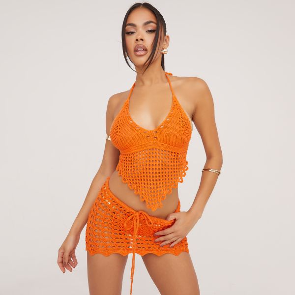 Plunge Neckline Dipped Hem Corset Crop Top In Orange Crochet Knit, Women’s Size UK Large L