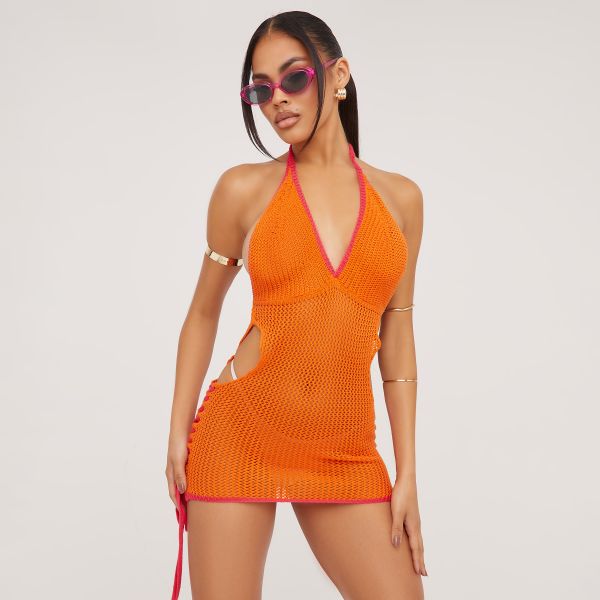 Halterneck Tie Side Detail Plunge Mini Bodycon Dress In Orange Crochet Knit, Women’s Size UK Large L
