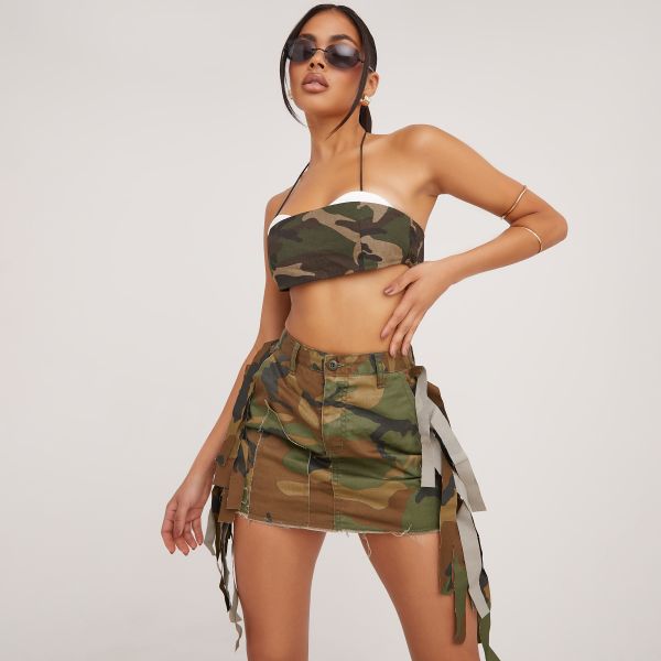 Halterneck Cupped Detail Bralet And Frayed Detail Mini Bodycon Skirt Co-Ord Set In Khaki Camo, Women’s Size UK Small S