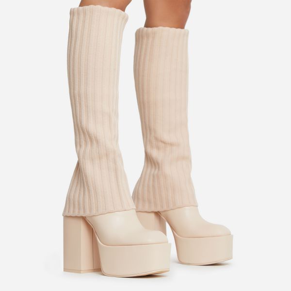 Leila Layered Knit Detail Square Toe Platform Block Heel Calf Boot In Nude Faux Leather, Women’s Size UK 5