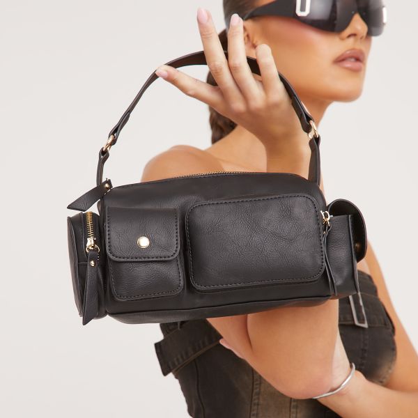 Zizi Pocket Detail Rectangle Shaped Shoulder Bag In Black Faux Leather, Women’s Size UK One Size