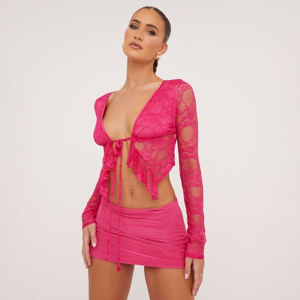 Long Sleeve Tie Front Frill Detail Crop Top In Hot Pink Lace, Women’s Size UK 10