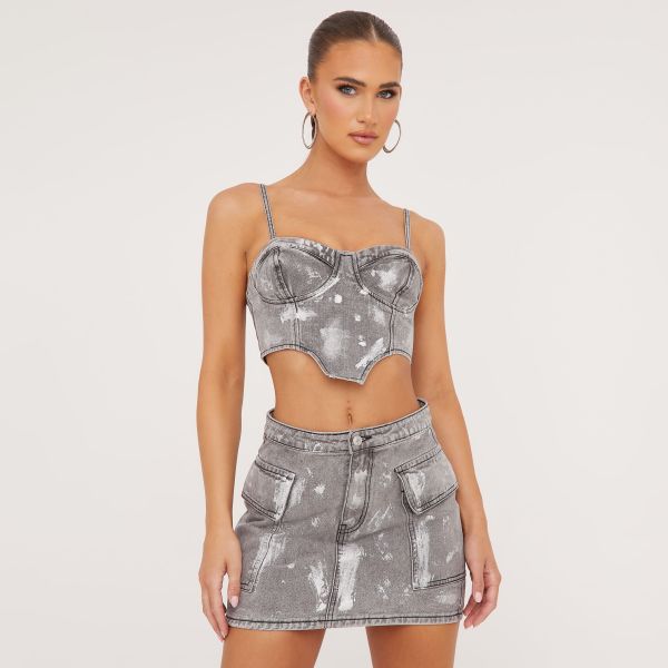 High Waist Silver Foil Detail Cargo Mini Skirt In Grey Denim, Women’s Size UK 6