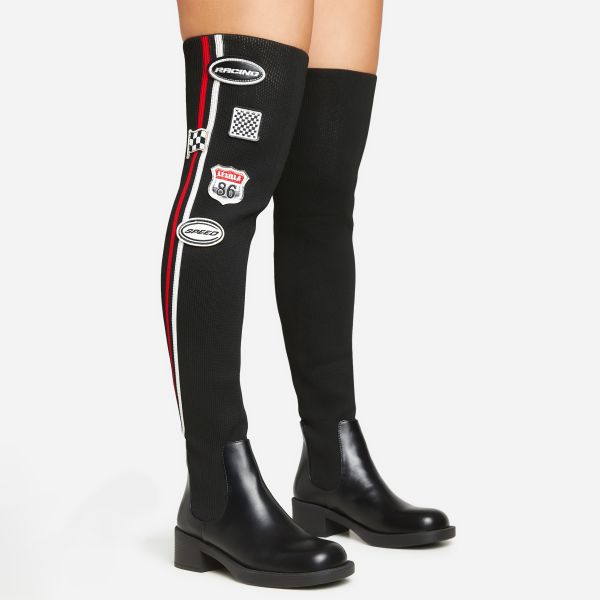 Rev-It-Up Motocross Badge Detail Over The Knee Thigh High Long Boot In Black And Red Knit, Women’s Size UK 5