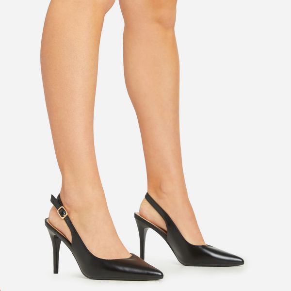 Felicity Pointed Toe Slingback Court Heel In Black Faux Leather, Women’s Size UK 6