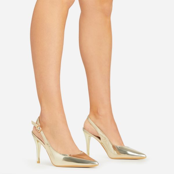 Felicity Pointed Toe Slingback Court Heel In Gold Patent, Women’s Size UK 6