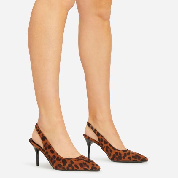 Seymore Pointed Toe Slingback Court Heel In Leopard Print Faux Suede, Women’s Size UK 4