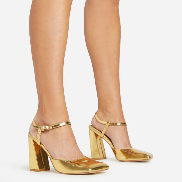Liza Ankle Strap Closed Square Toe Flared Block Heel In Gold Patent, Women’s Size UK 8