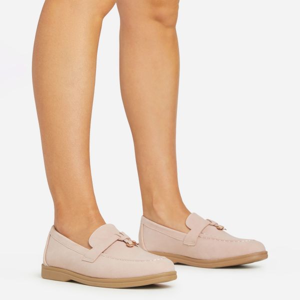 Fate Ring Detail Flat Loafer In Nude Faux Suede, Women’s Size UK 5