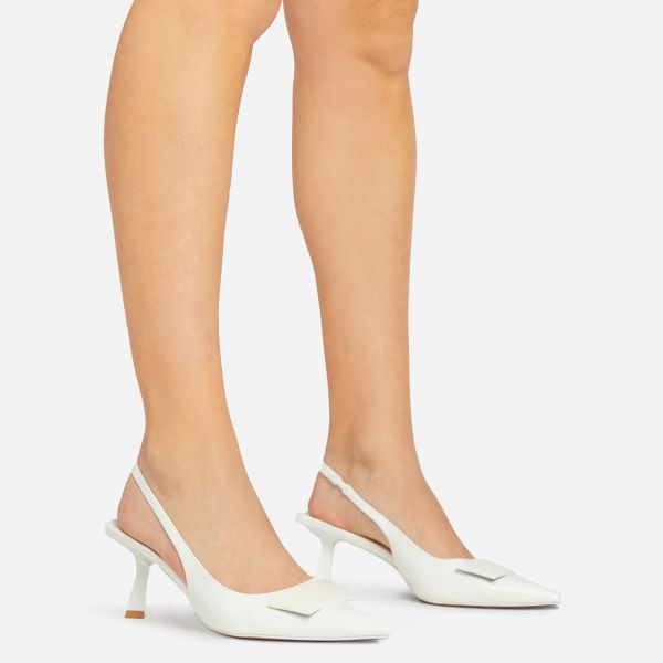Pedro Tab Detail Pointed Toe Slingback Court Heel In White Patent, Women’s Size UK 6