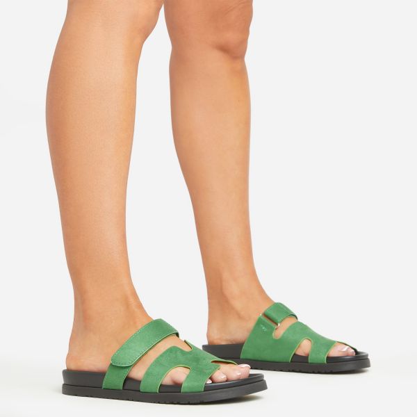Valerie Gladiator Velcro Strap Flat Slider Sandal In Green Faux Suede, Women’s Size UK 9