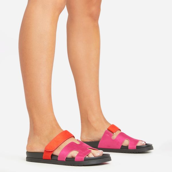 Valerie Gladiator Velcro Strap Flat Slider Sandal In Orange And Pink Faux Suede, Women's Size UK 5