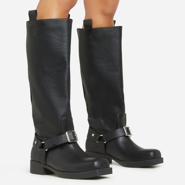 Equestria Buckle Detail Square Toe Knee High Long Biker Boot In Black Faux Leather, Women’s Size UK 6