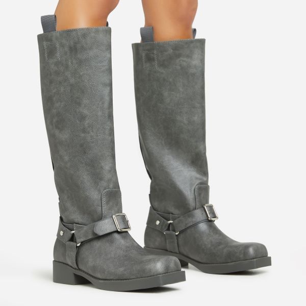 Equestria Buckle Detail Square Toe Knee High Long Biker Boot In Grey Acid Wash Faux Leather, Women’s Size UK 3