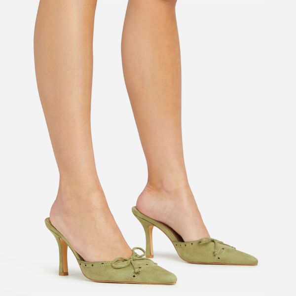 Autumn-Moon Bow Detail Pointed Toe Court Heel Mule In Green Faux Suede, Women’s Size UK 4