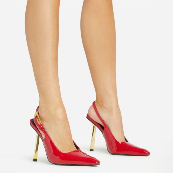 Dollar-Signs Pointed Toe Slanted Metallic Heel Slingback Court Heel In Red Patent, Women’s Size UK 8