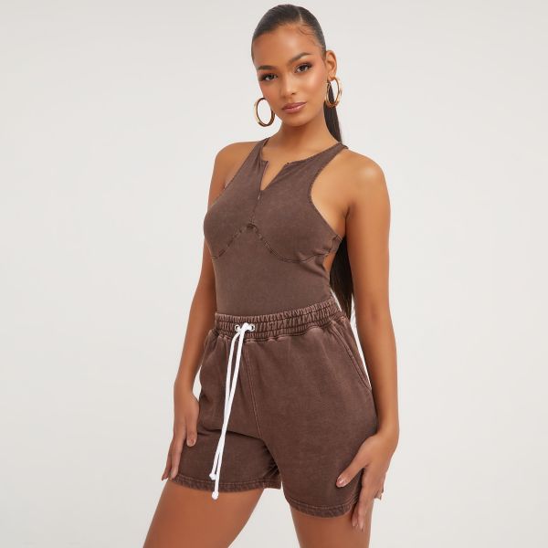 Zip Front Cut Out Back Detail Racer Bodysuit In Washed Chocolate, Women’s Size UK 8