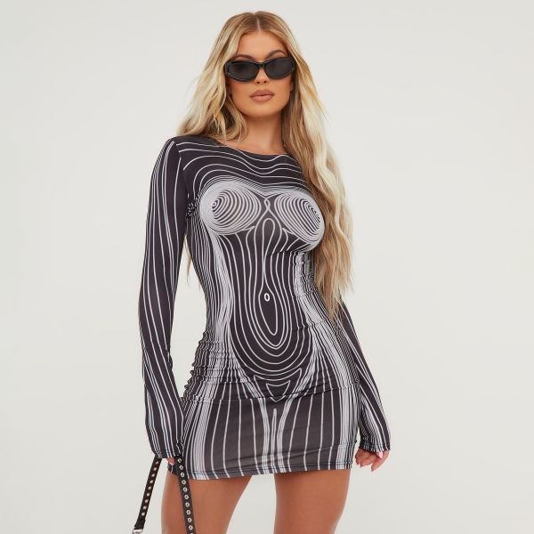 Long Sleeve Contrast Body Print Mini Bodycon Dress In Black, Women’s Size UK Large L