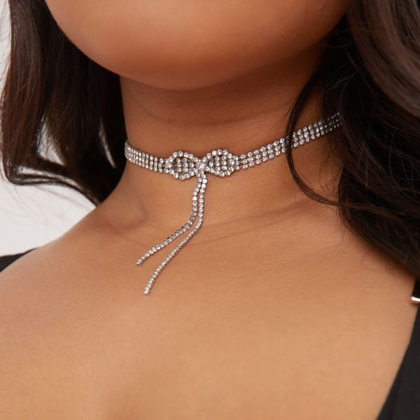 Diamante Bow Detail Choker Necklace In Silver, Women’s Size UK One Size