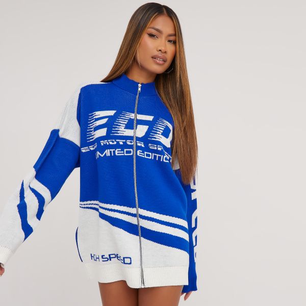 Zip Up ’Ego’ Slogan Motocross Detail Oversized Jacket In Blue Knit, Women’s Size UK Small S